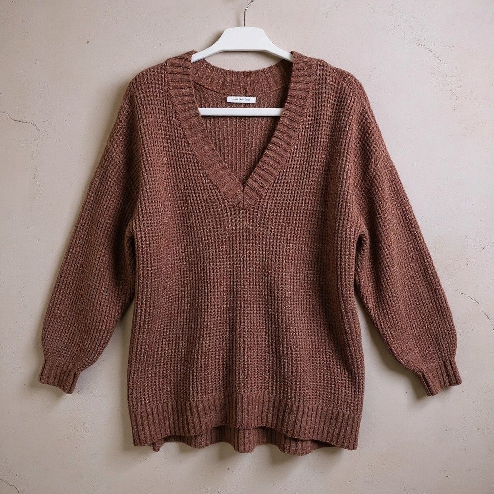 American Eagle Womens Brown Waffle Knit V-Neck Pullover Sweater XS
